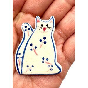 Vintage Ceramic Cat Brooch With Flower Pattern